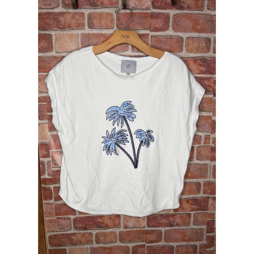 LIV Milano Womens XL White Sequin Palm Tree Graphic T-Shirt Short Sleeve Top